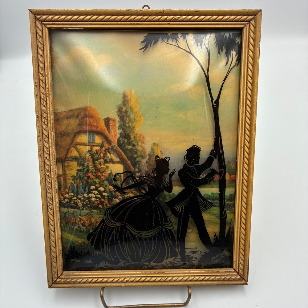 Vintage Reverse Painted Glass Silhouette Art Bubble Glass Gold Frame Cottage Art